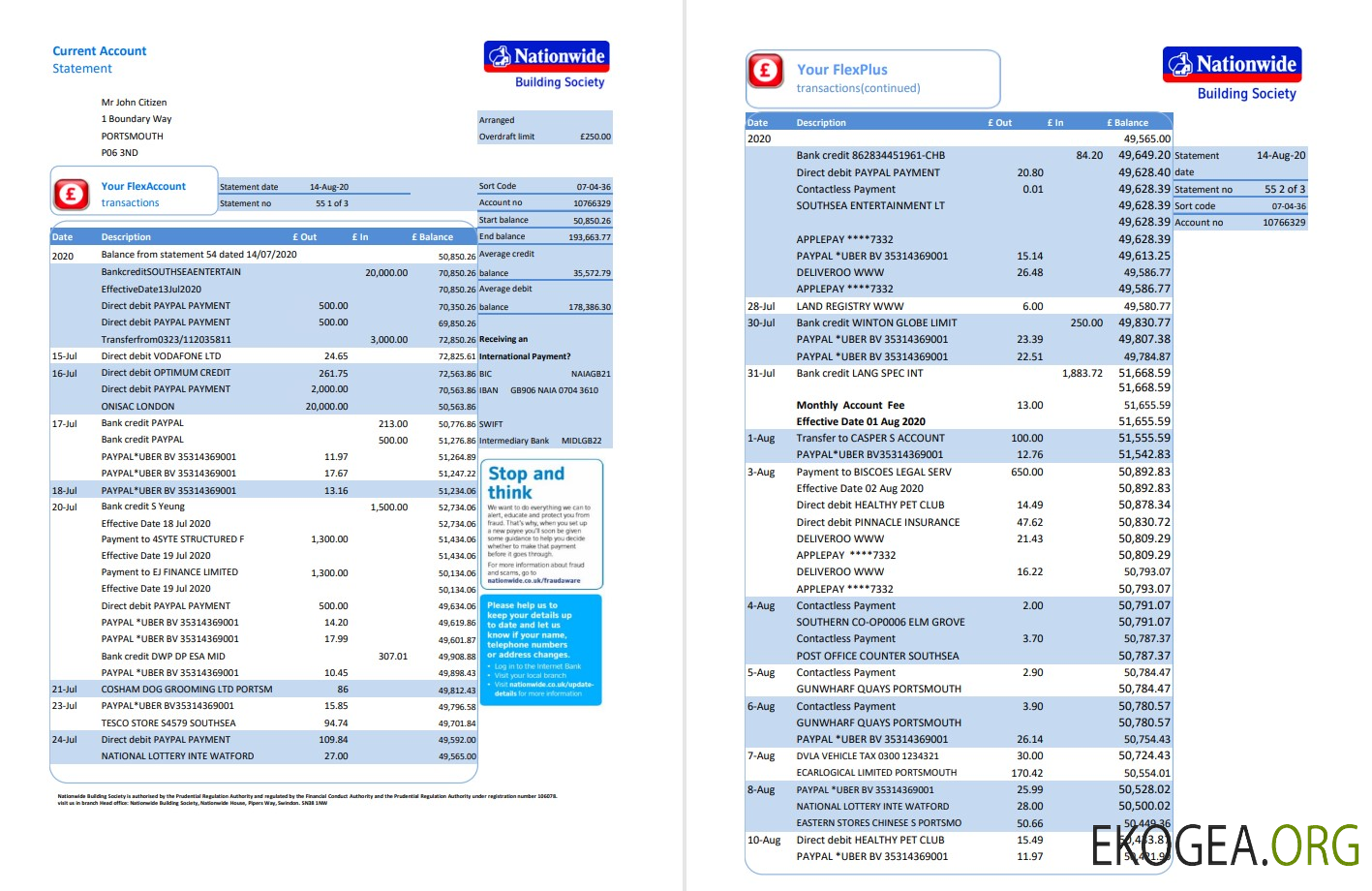 Modèle de relevé bancaire national du Royaume Uni au format .xls et .pdf (5 pages)